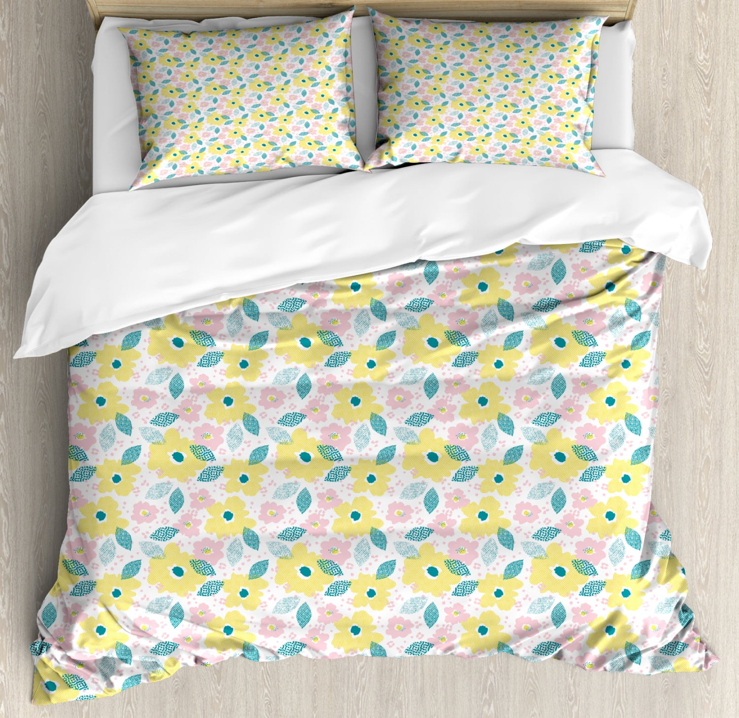 Floral Duvet Cover Set, Repetitive Pastel Spring Flowers and Leaves