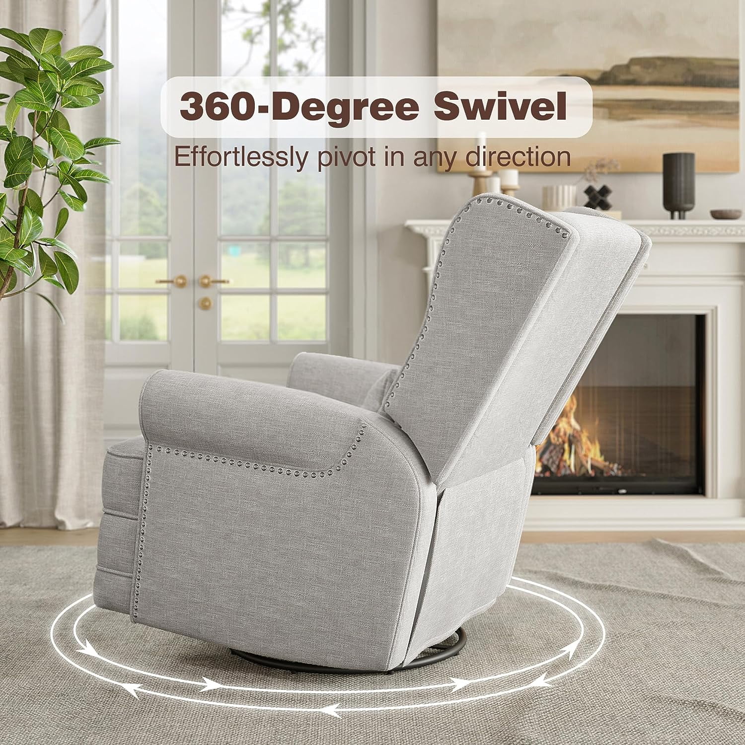 Royalcraft Swivel Nursery Glider Recliner, Comfy Upholstered Glider Chair with Lumbar Pillow and Footrest, Swivel Rocking Chair for Living Room, Grey