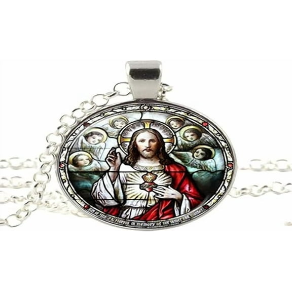 Sacred Heart of Jesus Art Photo Glass Necklace Pendants