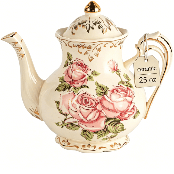 ACDANC Small Pink Rose Teapot,25 Oz/ 3 Cup Vintage Ivory Porcelain Tea Pot,Floral Teapot with Gold Trim,Gifts for Women
