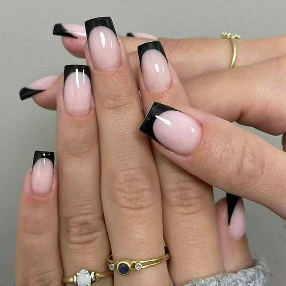 Black French Tip Press on Nails Short Square Nails Press ons French Tip Glue on Nails for Women DIY Acrylic French Nails Short Gel Nails, Natural Thick Extra Short French Fake Nails 24Pcs