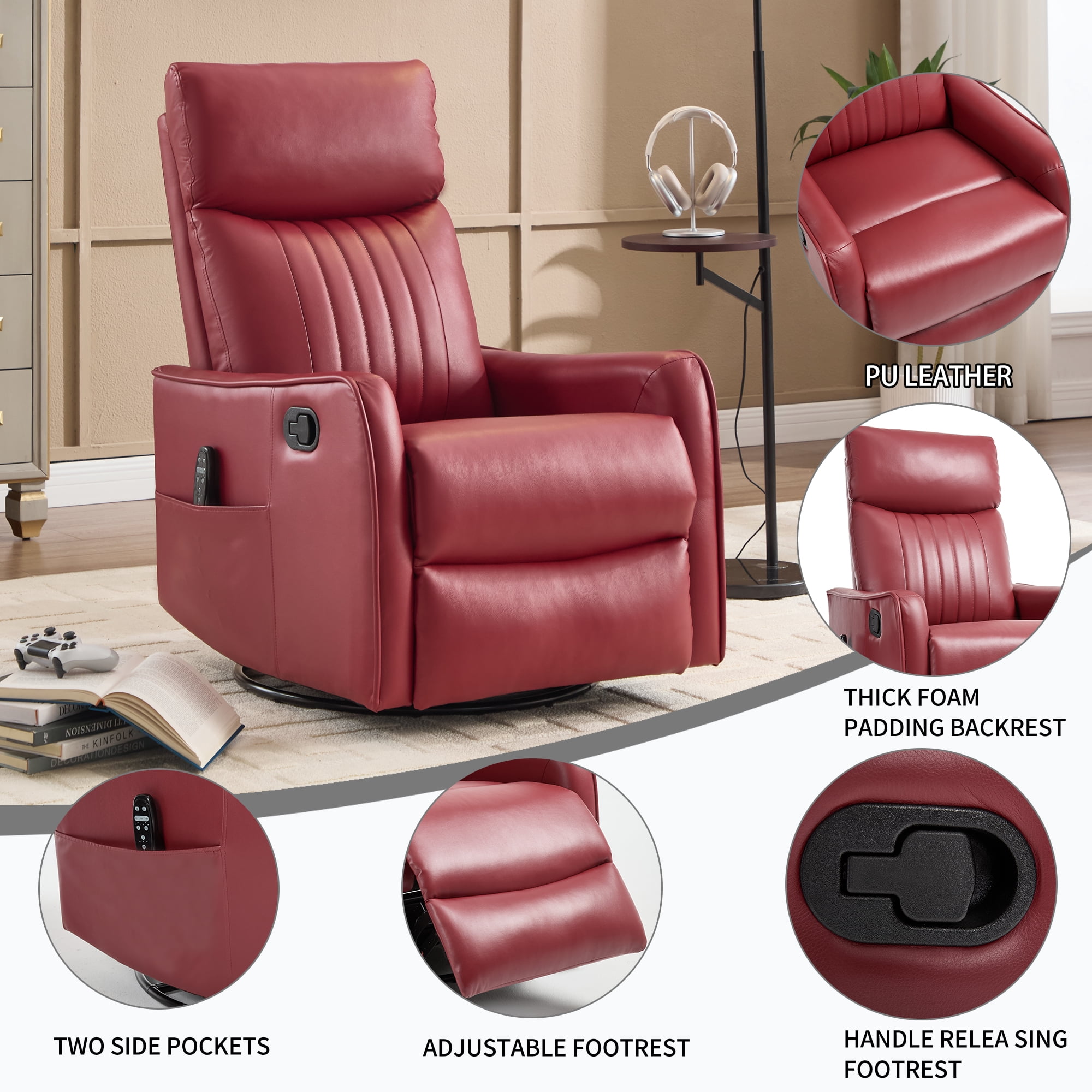 Manual Swivel Rocker Recliner Chair for Adults,Overstuffed Reclining Glider Chair with Vibration Massage & Heat,Upholstered Recliners with Side Pockets for Living Room,Red PU