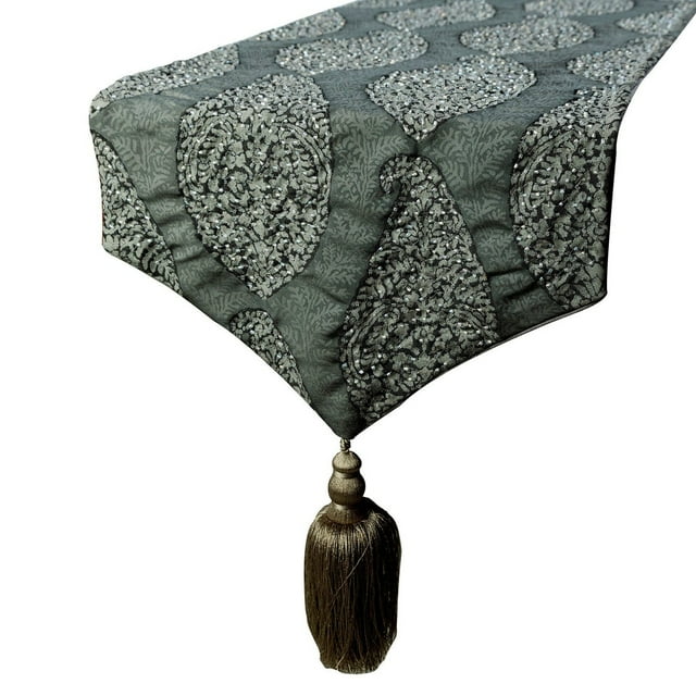 The HomeCentric Decorative Table Runner 14'' x 36'' Beaded & Tassels Silk Paisley Pattern Contemporary - Celestial Paisley