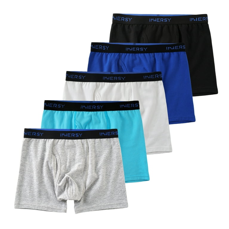 INNERSY Boys Underwear Stretchy Cotton Soft Boxer Briefs for 6-18 Teen Boys  5 Pack (S, Black/Blue/Gray/White)