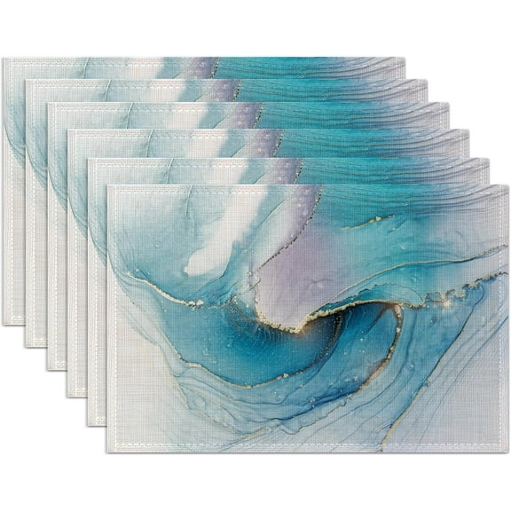 Teal Blue Placemats Set of 6,Washable Heat Resistant 12×18 Inch Linen Table Mats Marble Texture Place Mats for Party Outdoor Dining Décor