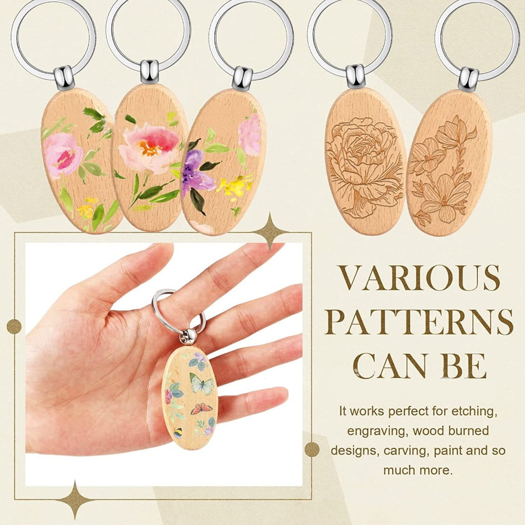 Oasiva 50Pcs Blank Wooden Keychain Set, Unfinished Wood Pieces with Key Rings Wood Key Ring Key Tags DIY Supplies for Craft