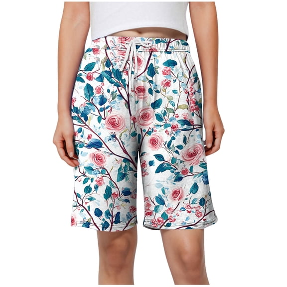 Qingpeng Womens Print Bermuda Shorts Drawstring Waist Loose Fit Knee Length Lounge Pajamas Bottoms for Sleepwear Summer Wear