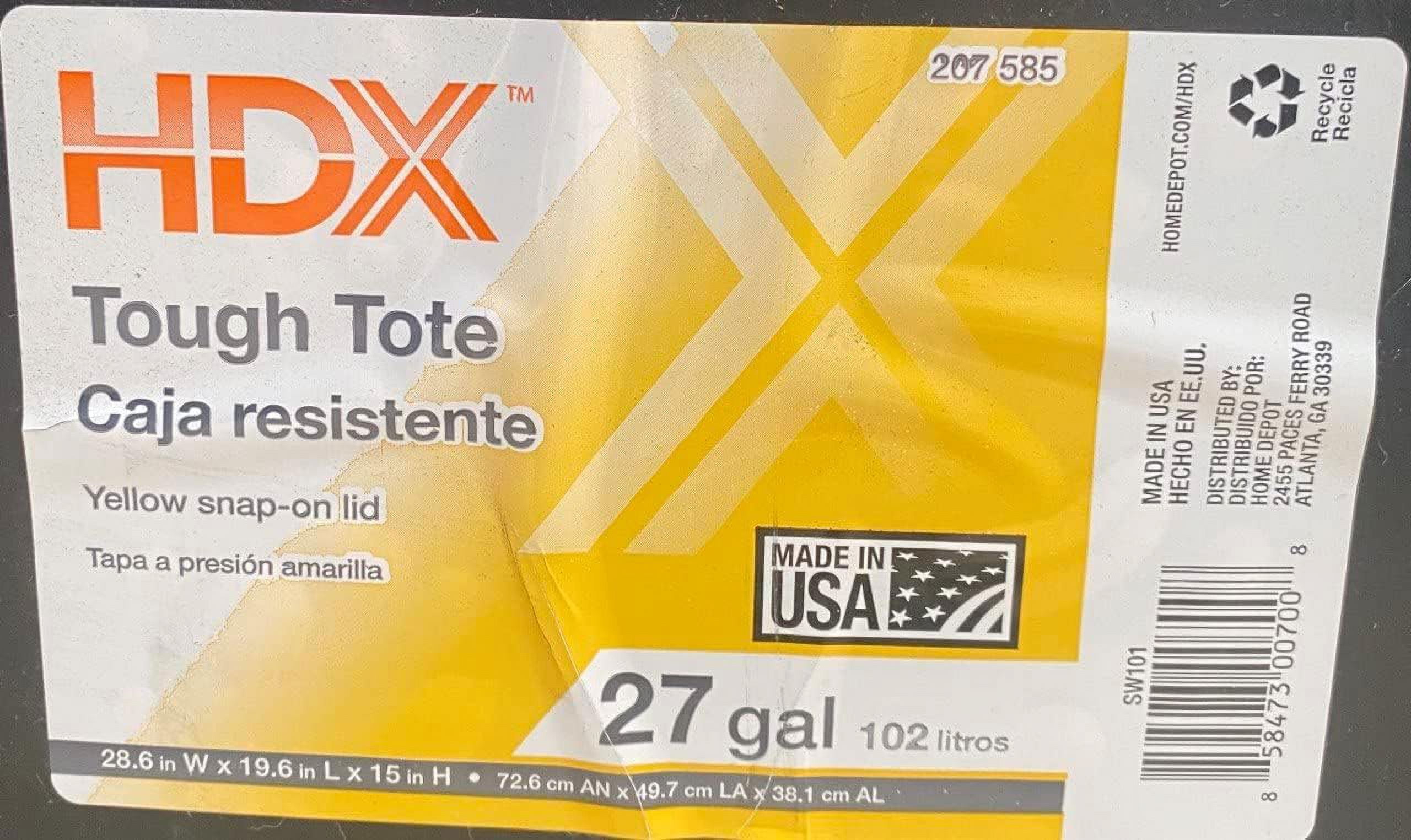 HDX Strong Box Plastic Storage Tote Polypropylene 27 Gal, Black and Yellow
