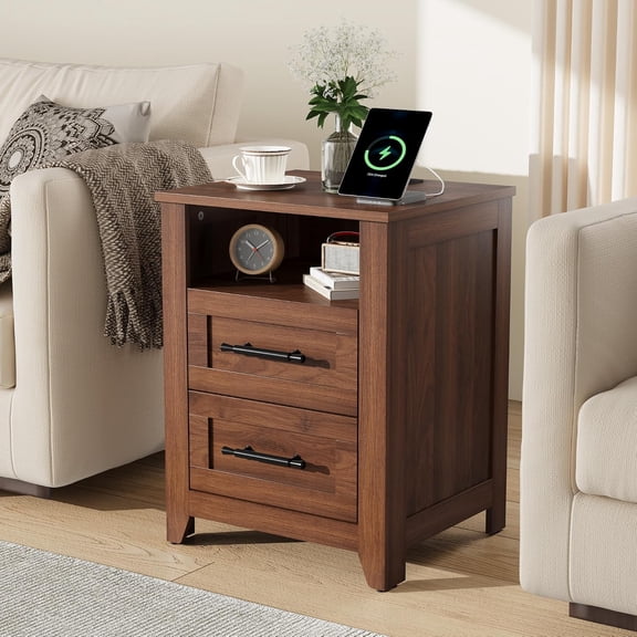 Nightstand with Charging Station, Bedside Table with Drawer and Open Shelf, Wood End Table for Bedroom and Living Room, 15.8"D x 17.7"W x 23.6"H