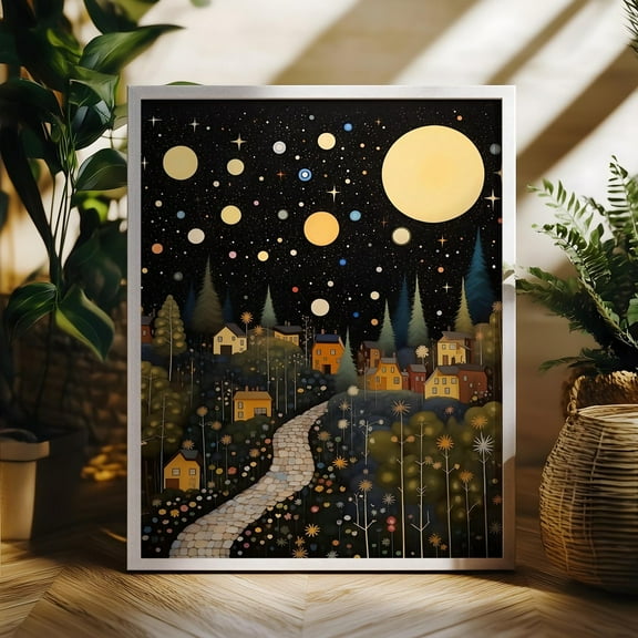 Gustav Klimt Moon And Stars Print, Gustav Exhibition Poster, Gustav Klimt Village Night Art, Small Town Night Moon Wall Art Wall Art, Modern Wall Decor, 8x12 UNFRAMED
