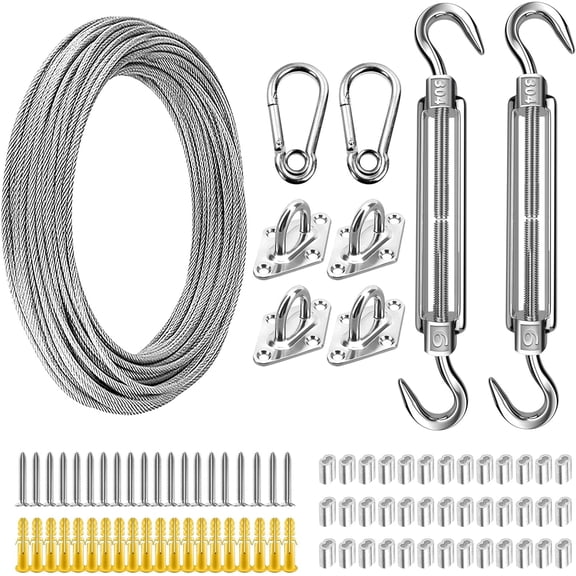 Shade Sail Hardware Kit with 50 FT Cable Wire Rope, Anti-Rust Stainless Steel Stainless Steel Sun Shade Hardware Kit for Rectangle Square Triangle Shade Sail Installation(66 PCS)