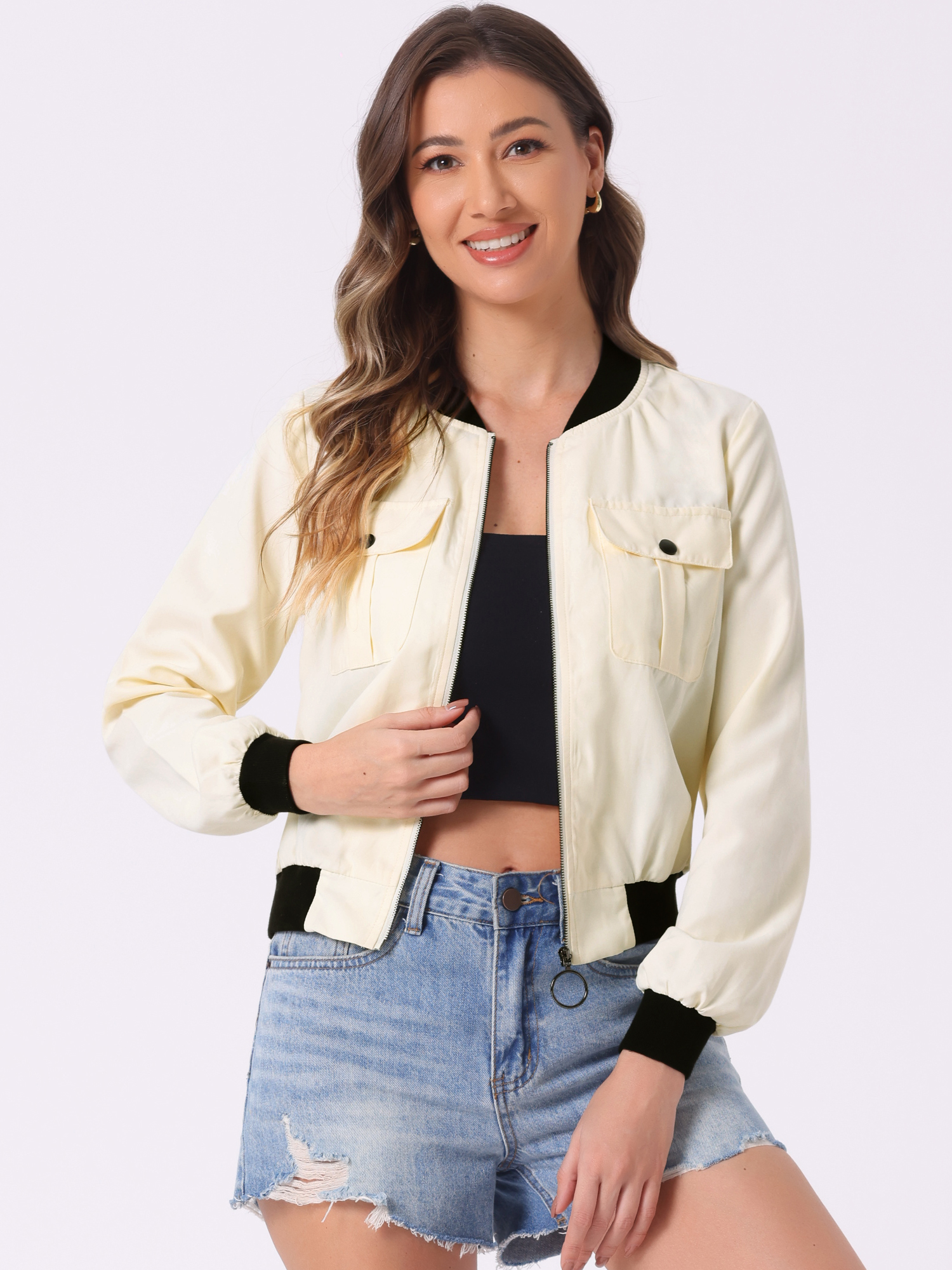 DARING DIVA Stand Collar Zip Up Flap Pocket Long Sleeve Bomber Jacket S Apricot