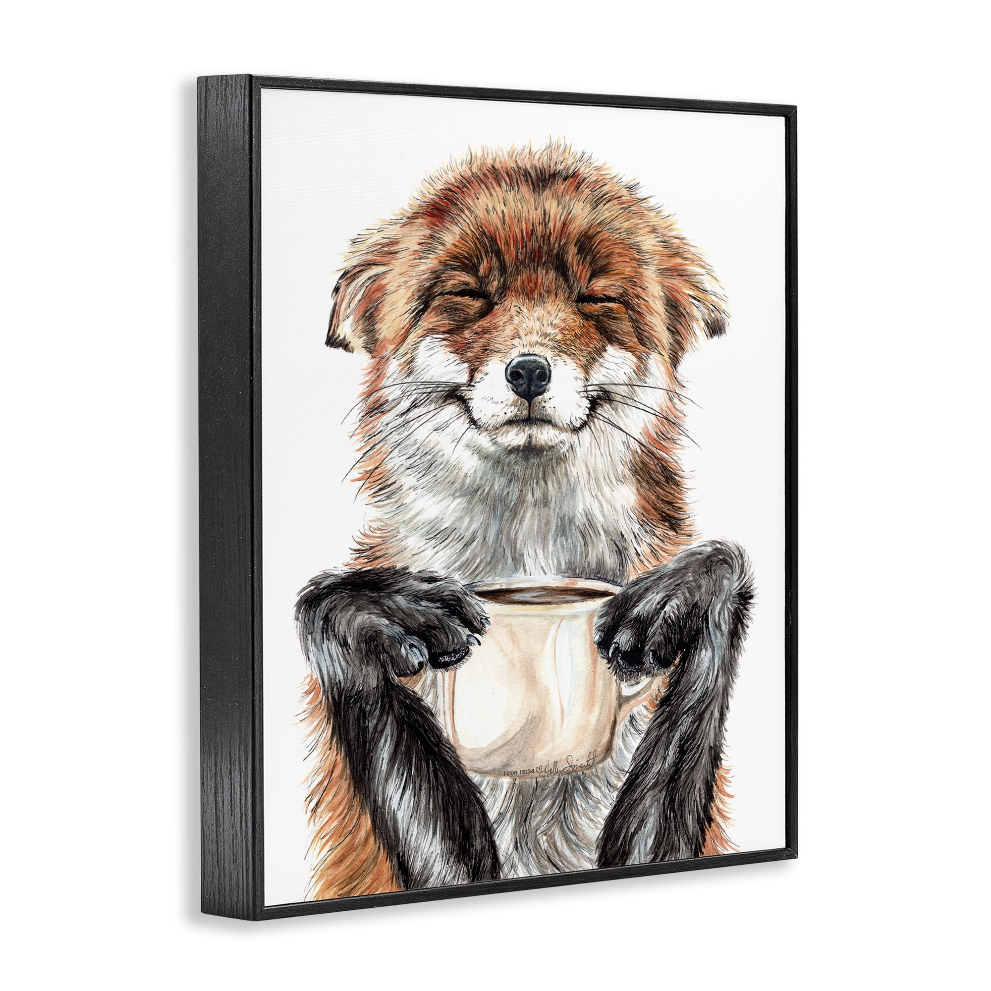 Stupell Industries Happy Fox with Coffee Animals Painting Black Framed Art Print Wall Art, 14 x 11