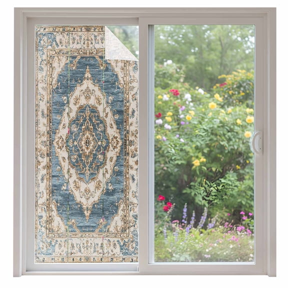 Boho Blue Window Privacy Film, Retro Tribal Traditional Distressed Printed Static Cling UV Sun Blocking Heat Control Window Tint, Non-Adhesive One Way Windows Privacy Cover 35.4''x78.7''