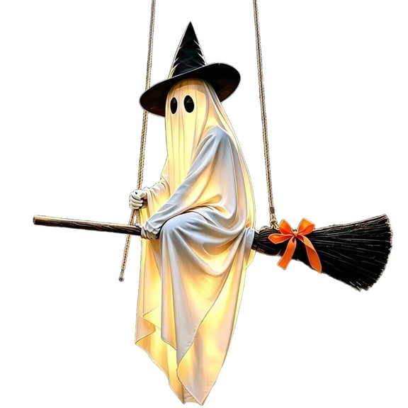 2026 Flying Broom Ghost - 15"Halloween Large Hanging Flying Ghost Decor with Witch Broom for Lawn Patio Porch Backyard Front Yard Haunted House (White)