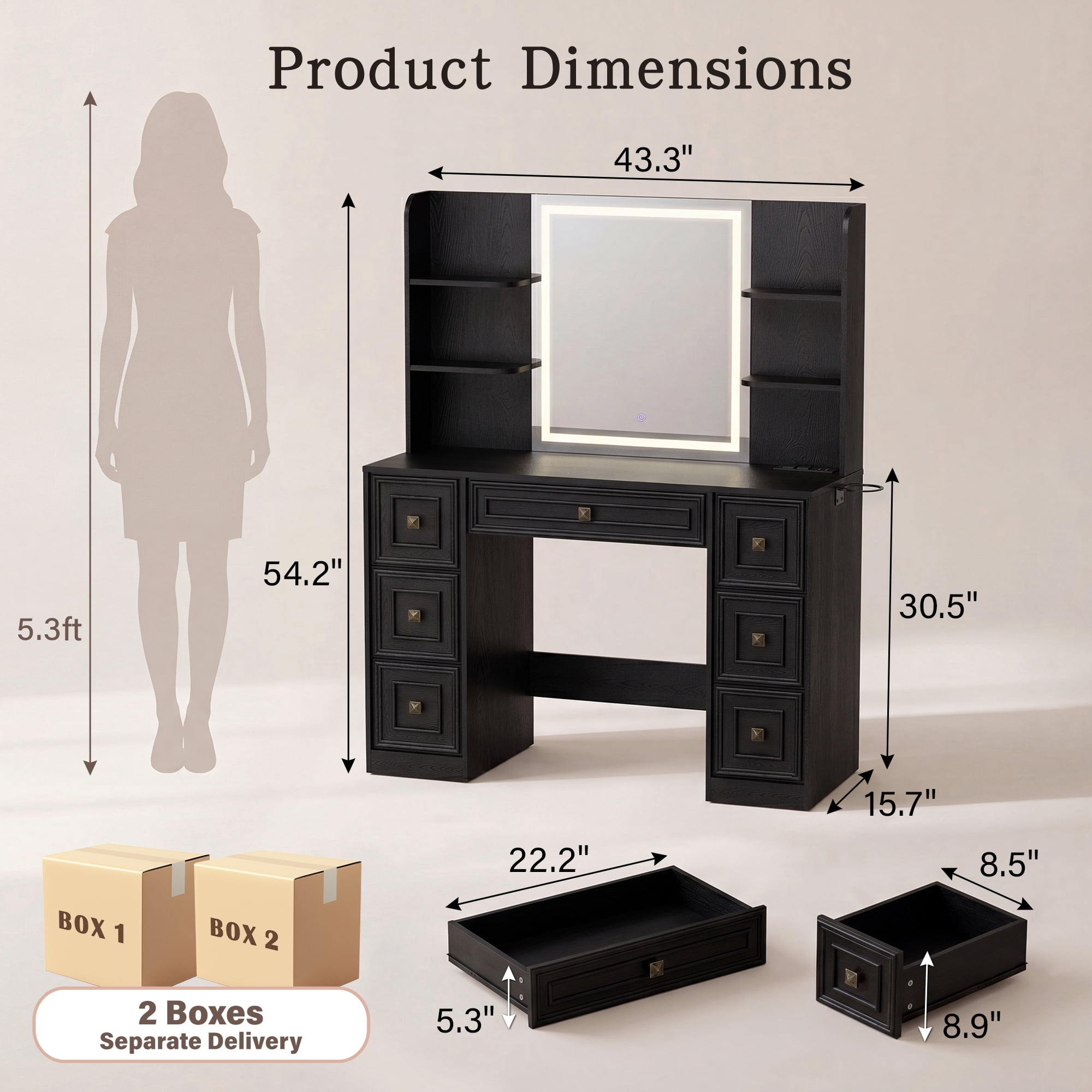 Lacoo Makeup Vanity Desk with LED Lighted Mirror & Charging Station, 7 Drawers Vanity Table with Open Shelves & Hair Dryer Holder for Bedroom Dressing Room, Black