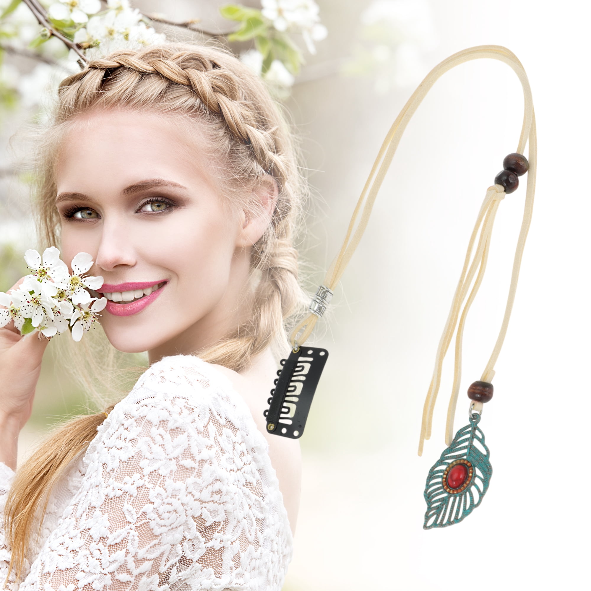 Unique Bargains Elegant Leaf Braided Hair Chain 1Pc Stylish Accessory Beige 11.81"