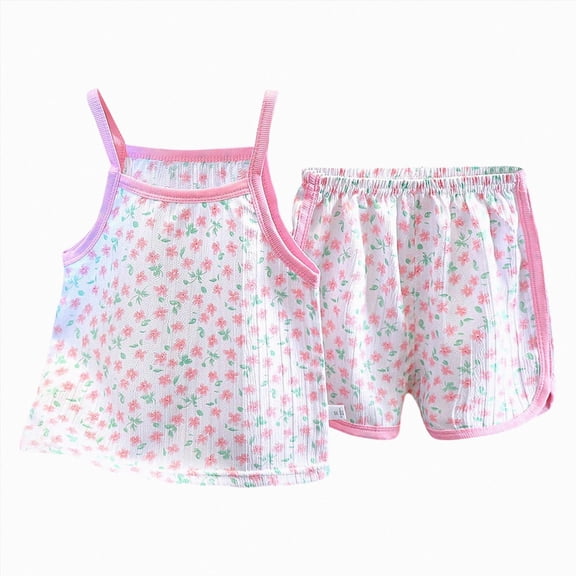 KPOPLK Toddler Girl Clothes Girl Summer Outfits Cute Pattern Ruffle Sleeveless Shirts Tops Shorts Set for Girl Clothing(5-6 Years,Pink)