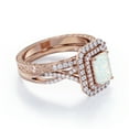 thumbnail image 3 of JeenMata Dual Halo Twisted Pave Set - 2 Carat Emerald Cut Genuine Fiery Opal and Moissanite - Edwardian Wedding Set - 18K Rose Gold Plating over Silver, 3 of 7