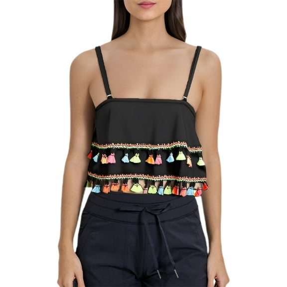 Baqcunre Plus Size Swimwear, Ruffled Bikini Top Swim Top Falbala Swimsuit Top for Women Bathing Suit Top Black L