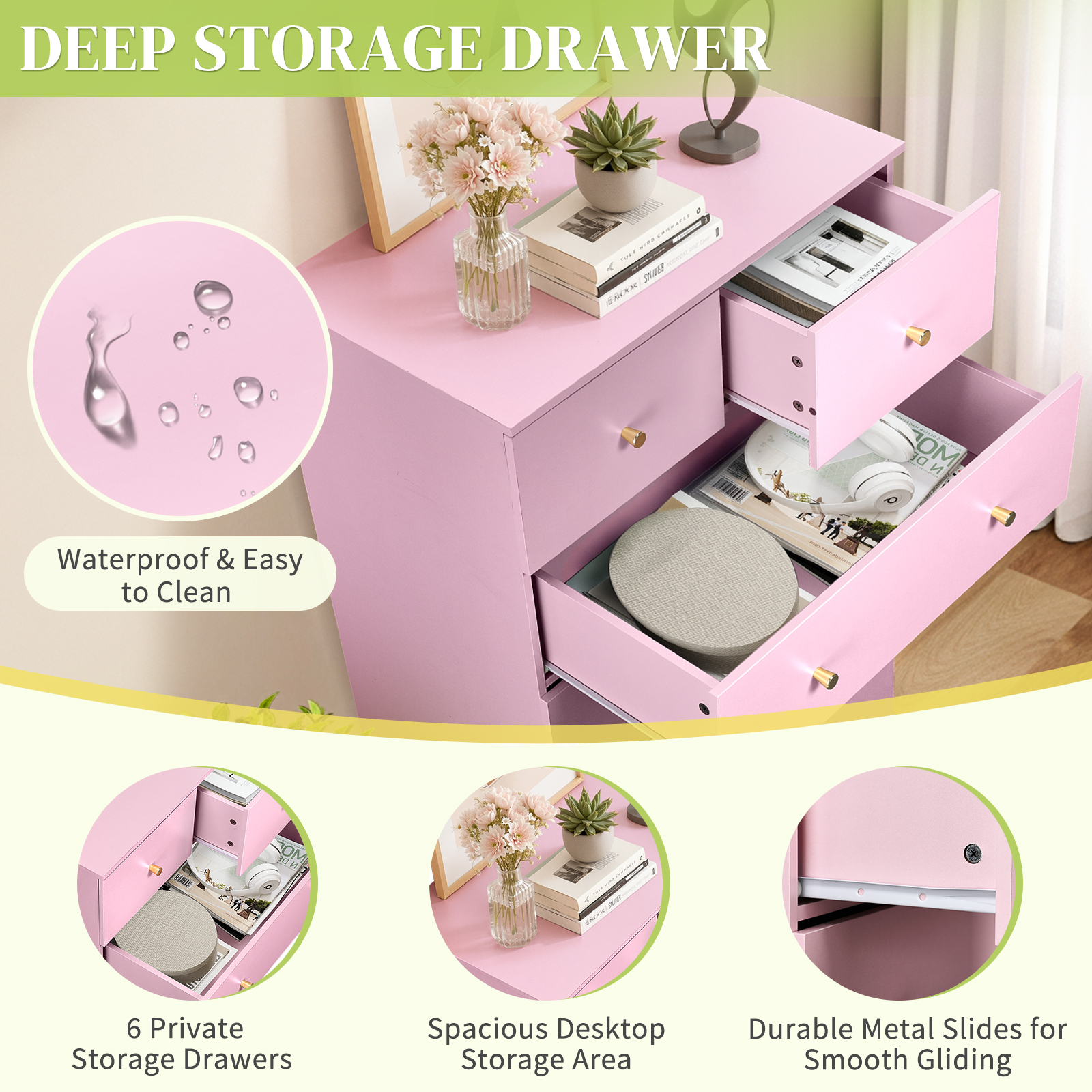 Ktaxon Large 6 Drawers Dresser Chests for Bedroom, Wood Chset of Drawers,Dressers Organizer for Bedroom, Living Room,Hallway, Pink