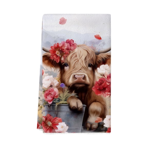 huayou Cute Highland Cow Print Towel, 17.7x26 Inch Soft Absorbent Towel, for Kitchen Bathroom and Farmhouse