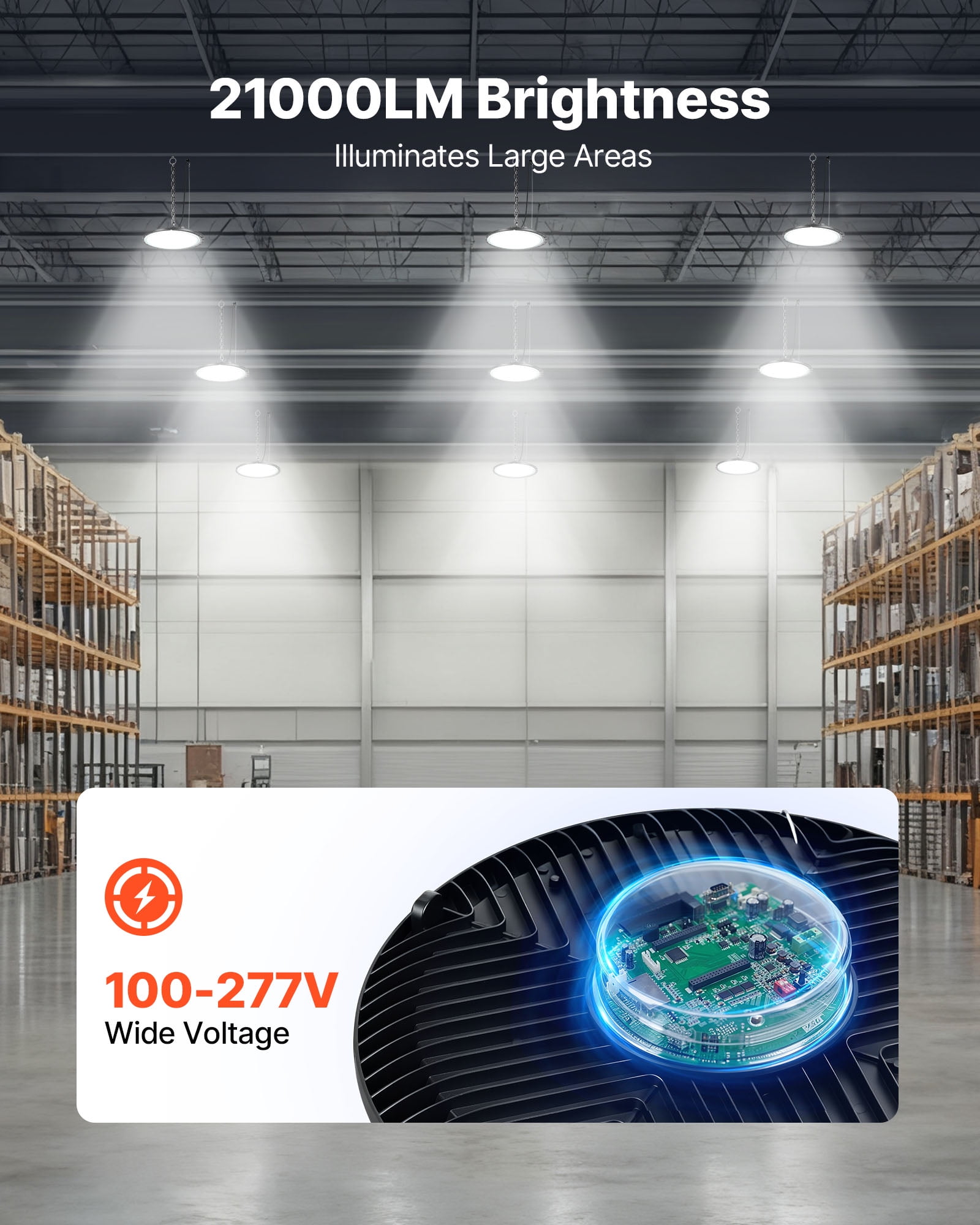 VEVOR 6 Pack LED High Bay Lights, 5000K 150W 21000LM Super Bright UFO LED Warehouse Shop Lights, IP65 Waterproof, 100-277V Wide Voltage for Warehouse Workshop Factory Gym Garage Barn, Black