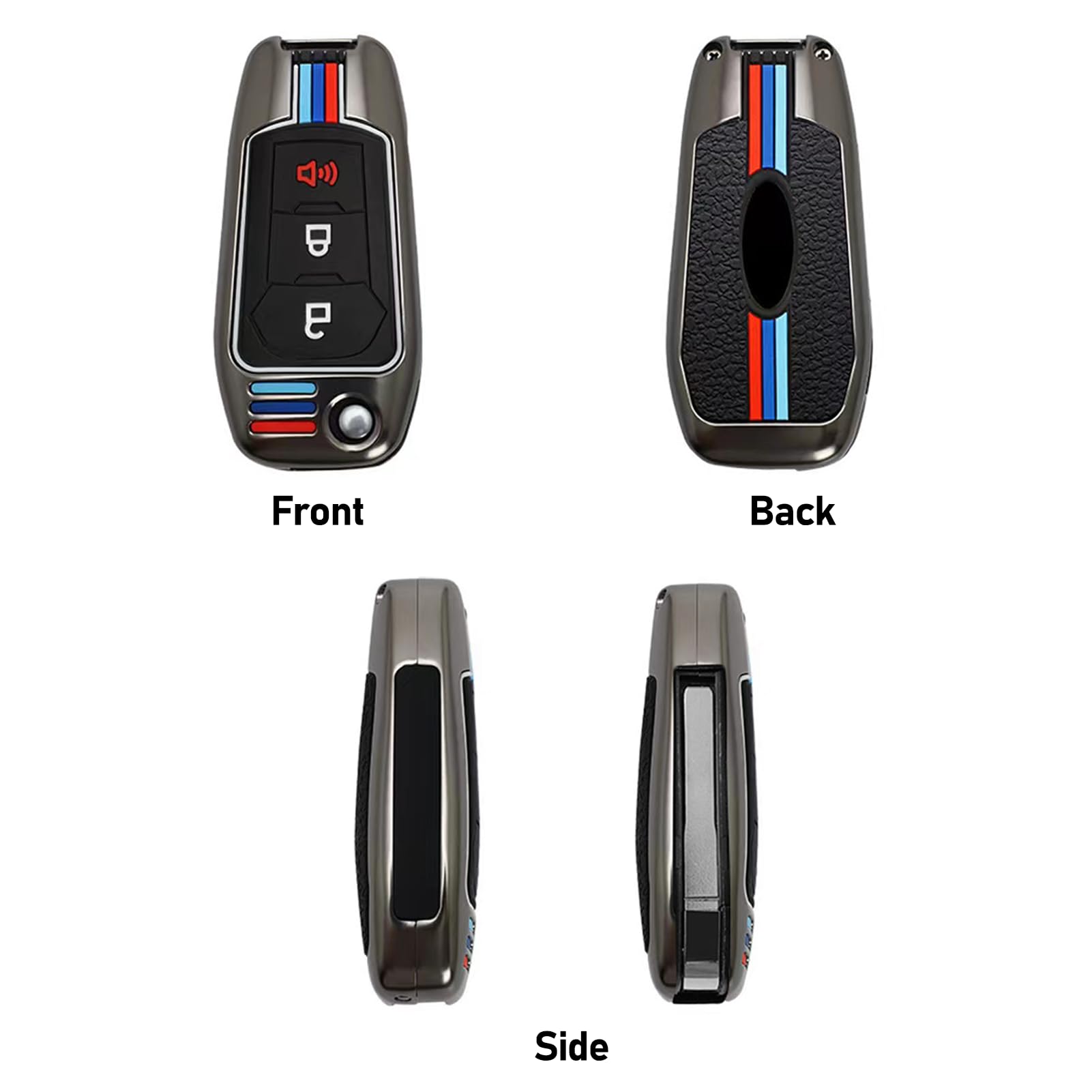 Compatible with Ford Key Fob Cover 3 Buttons,2018-2024 F150 F250 F350 2019-2024 Ranger 2022-2024 Maverick Key Fob Case Shell,Metal Shell & Soft Silicone Protection(Grey)