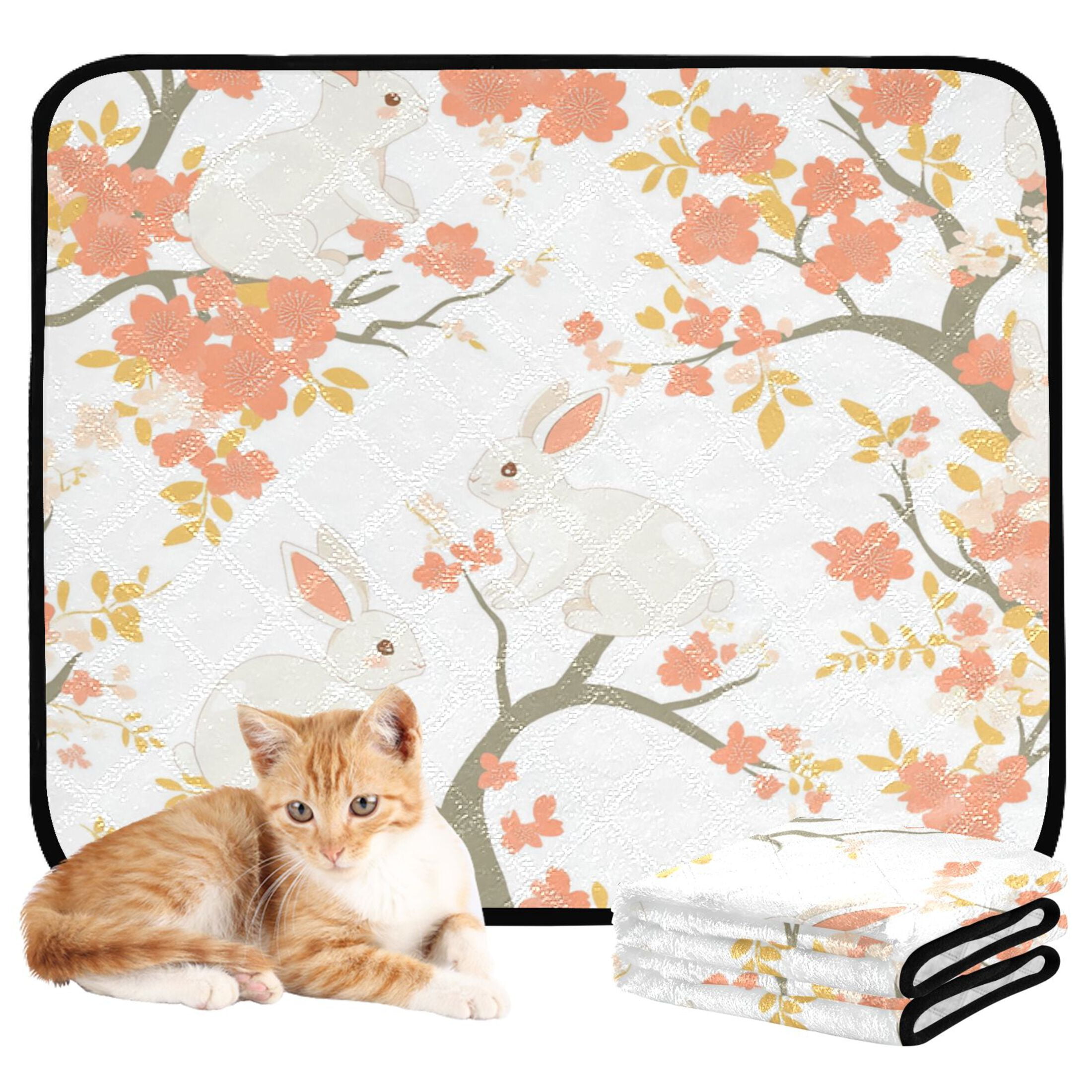 Qxltty Cute Rabbits on Orange Flowers Cat litter Pads Pet Set of 2 Diaper Mats Center Anti-leakage Layer Absorbent Soft and Comfortable