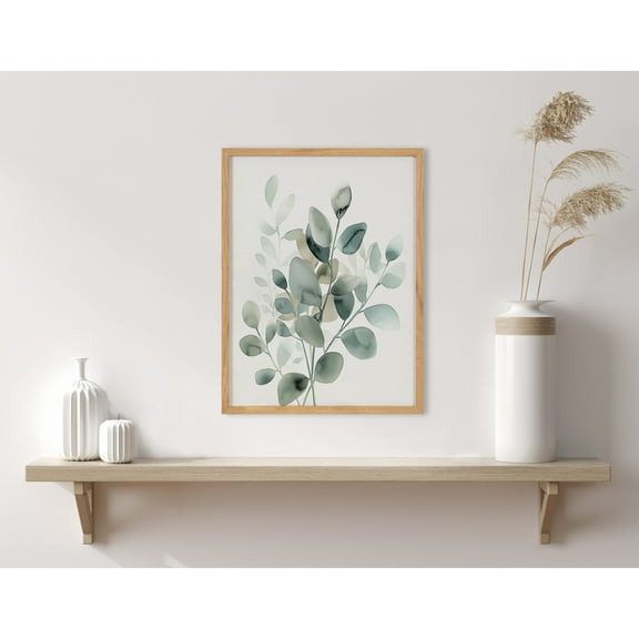 Kate and Laurel Modern Minimalist Botanical Watercolor in Muted Teal Framed Wall Art by The Creative Bunch Studio, 12x16 Natural, Soft Eucalyptus Plant Art for Wall