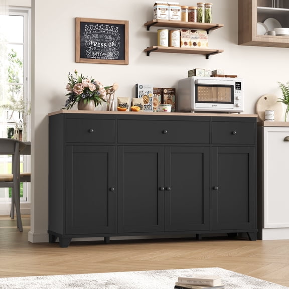 Homfa 55"W Kitchen Sideboard Credenza, 4-Doors 3-Drawer Wood Buffet Storage Cabinet with Adjustable Shelves, Black & Brown