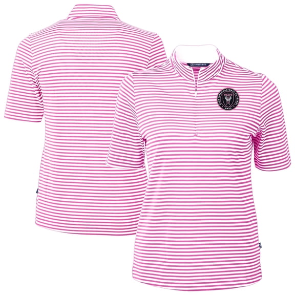Women's-Cutter & Buck Pink Inter Miami CF Virtue Eco Pique Stripe Recycled Quarter-Zip Top