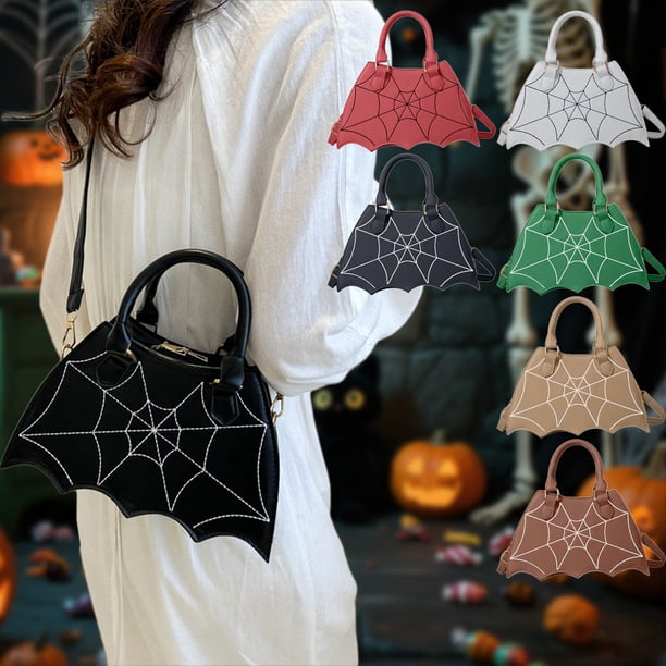Bolsa bandolera Halloween Bats | Bolso de hombro con cadena de cuero sintético | Café, Caqui, Tinto, Verde, Negro, Blanco | 10x5,3x2,7 pulgadas | Organizador impermeable, resistente a arañazos y