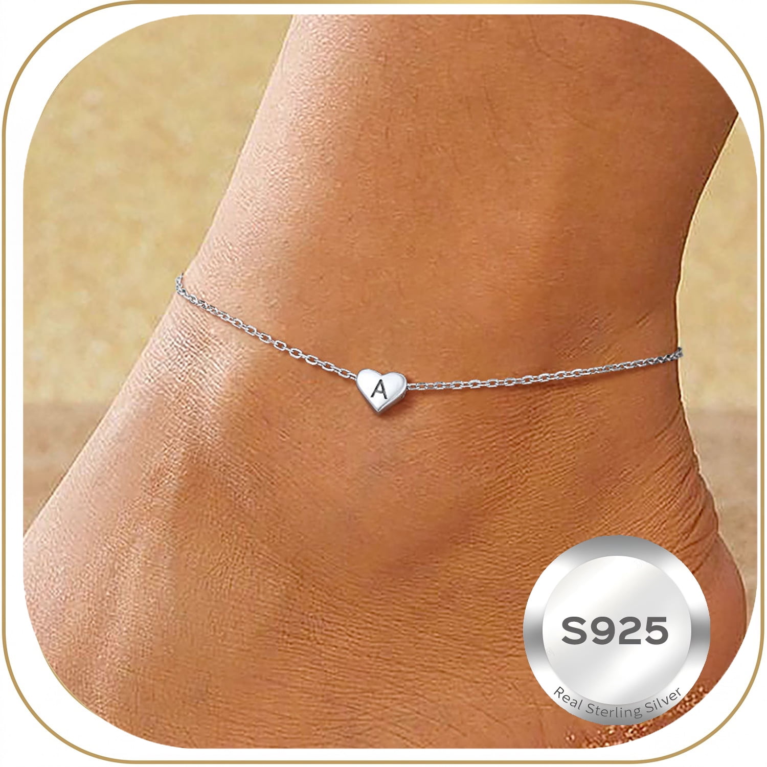 ChicSilver 925 Sterling Silver Heart Initial Anklet for Women, Personalized Letter Ankle Bracelet Adjustable Dainty Foot Chain Summer Beach Jewelry with Gift Box