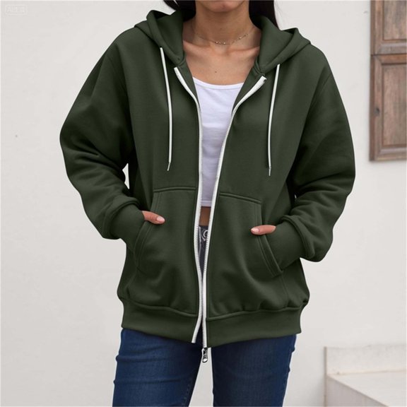 thefmos Women's Hooded Zip Up Jacket with Pocket Thumbhole Cuffs Drawstring Solid Color Casual Sporty Coat Fashion Fall Outfit, Army Green 2XL