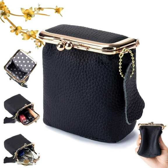 Uiz Merueh Mini Leather Jewelry box Portable Vintage-Inspired Genuine Leather Coin Purse Jewelry Case with Kiss Lock, Mini Travel Ring Box for Women for Earring/Ring/Necklace/Bracelet