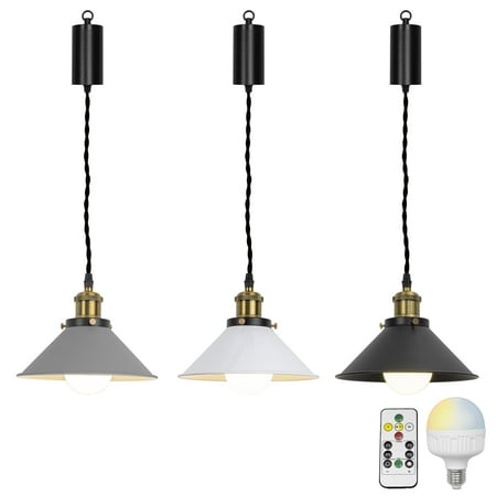 

FSLiving Remote Control Dimmable Hanging Light with Rechargeable Battery Operated LED RGB Bulb Macaron Black/White/Grey Metal Shade Adjustable Height Color Changing Timing for Storage - 3 Lights