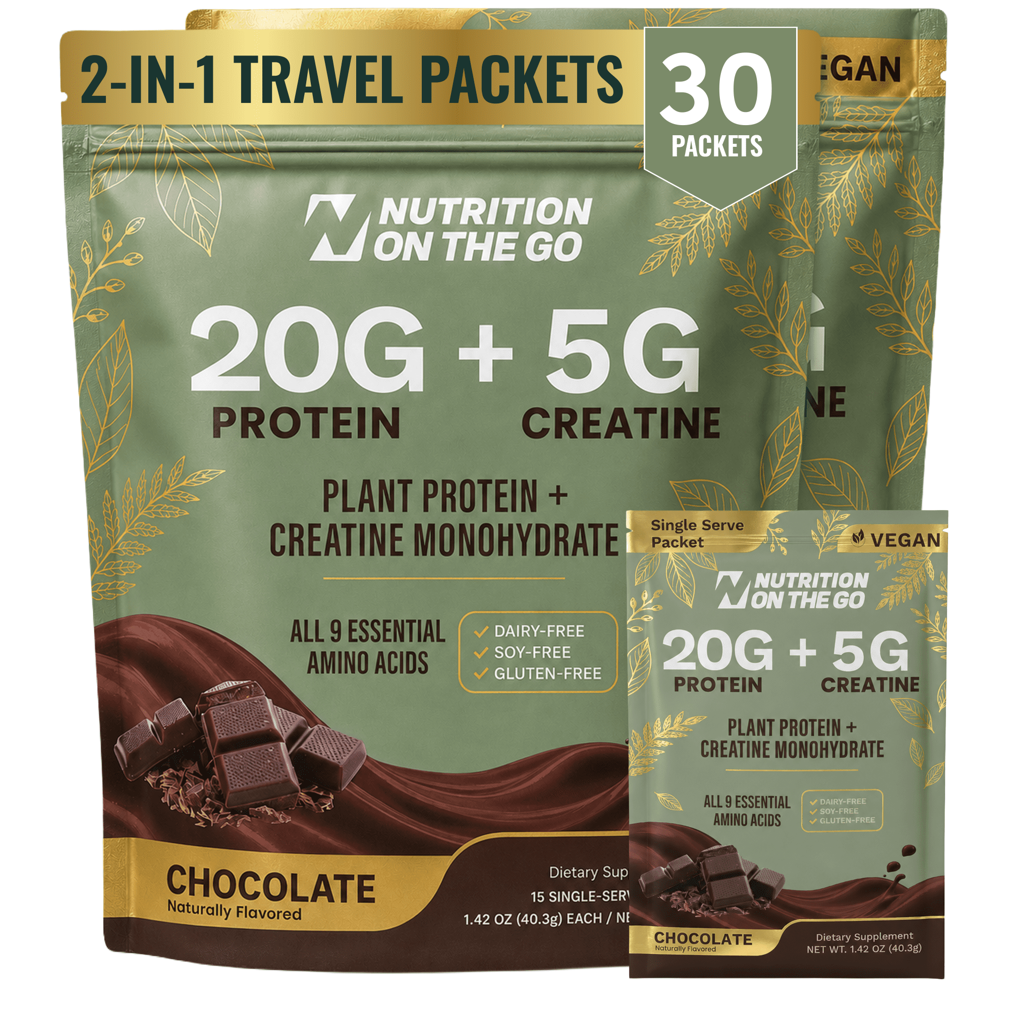 Nutrition On The Go Vegan Protein + Creatine Travel Packets, Chocolate, 30 Count