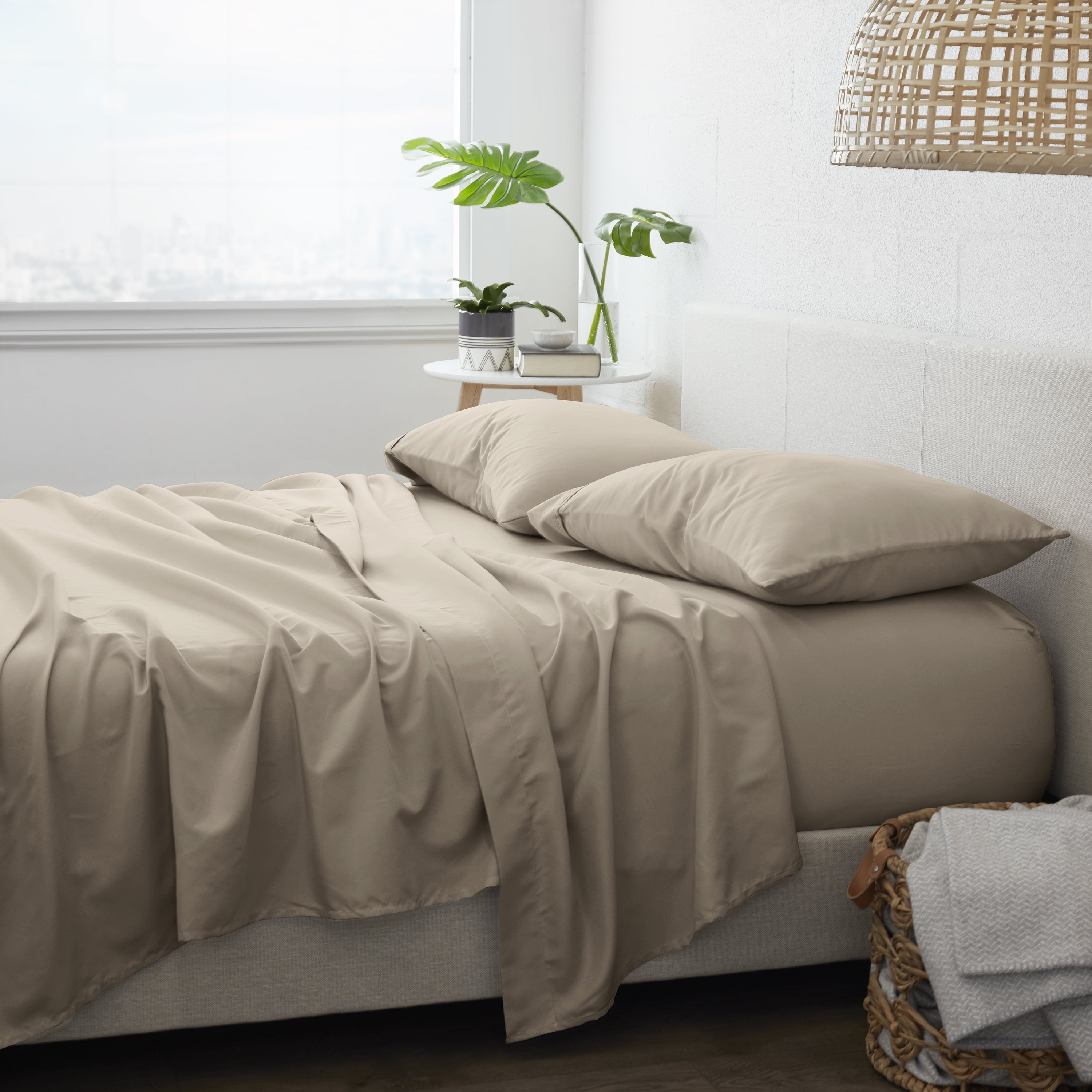 Noble Linens 4 Piece Solid Microfiber Bed Sheet Set, Taupe, California King