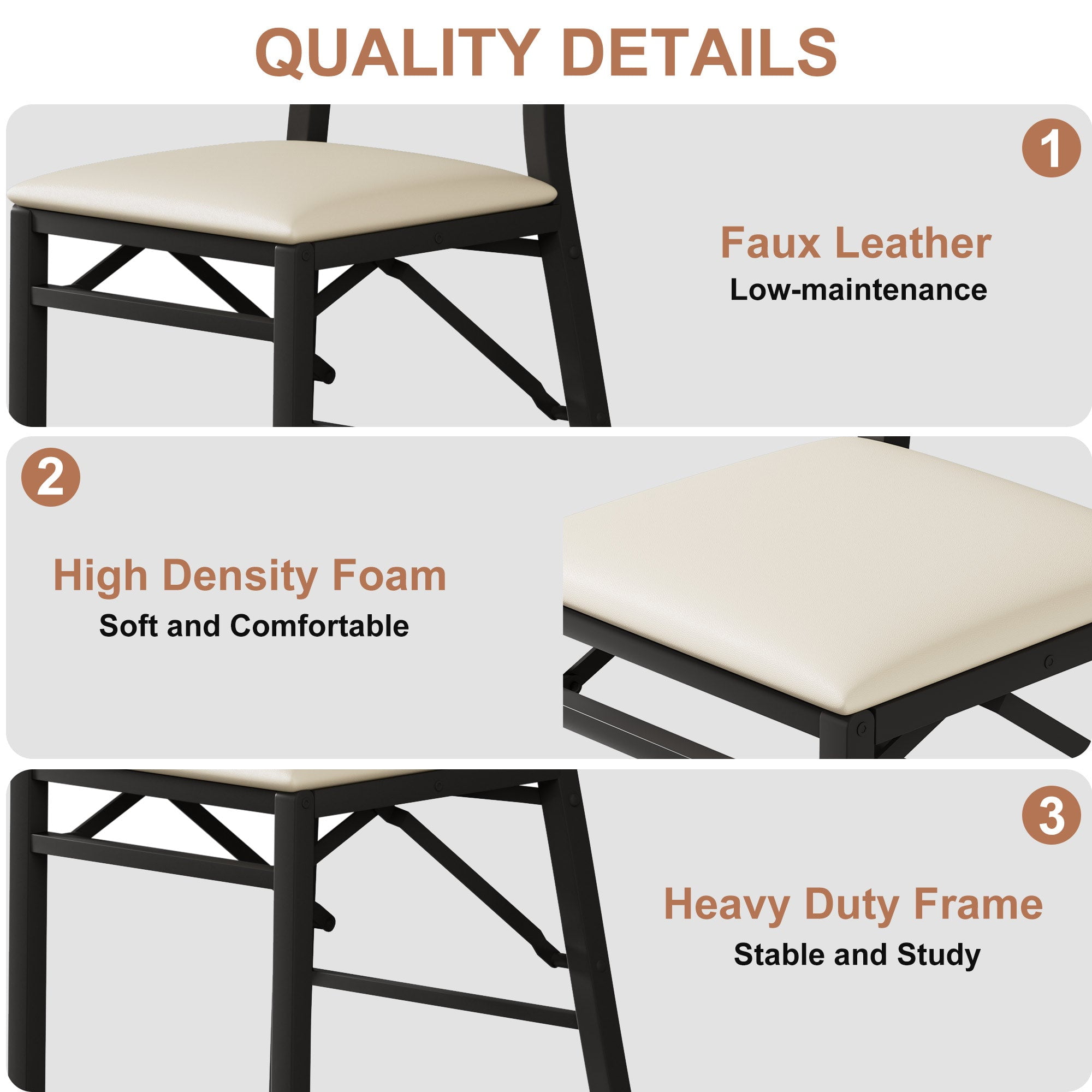 VECELO Dining Chairs Set of 2, Space-Saving and No Assembly, High Back PU Upholstered Folding Chairs with Metal Frame for Kitchen and Living Room, Beige