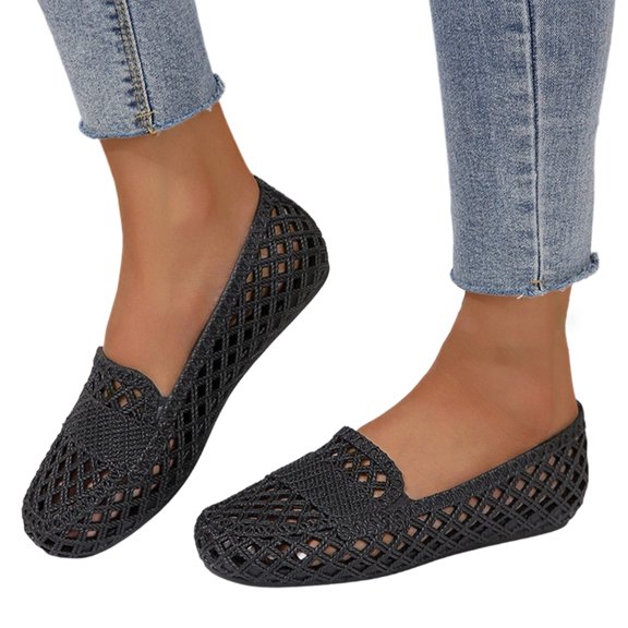 Norvail Womens Lightweight Open Toe Flat Sandals - Casual Slip-On Summer Beach Shoes, Hollow Out Flat Sandals, Solid Color Round Toe Slip On Summer Going Out Shoes