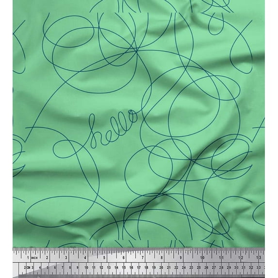 Soimoi Green Japan Crepe Satin Fabric Hello Text & Thread Art & Craft Print Fabric by Yard 42 Inch Wide