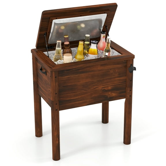 Gymax Wooden Cooler for Patio 54 Quart Beverage Cooler w/ Handles Rustic Brown