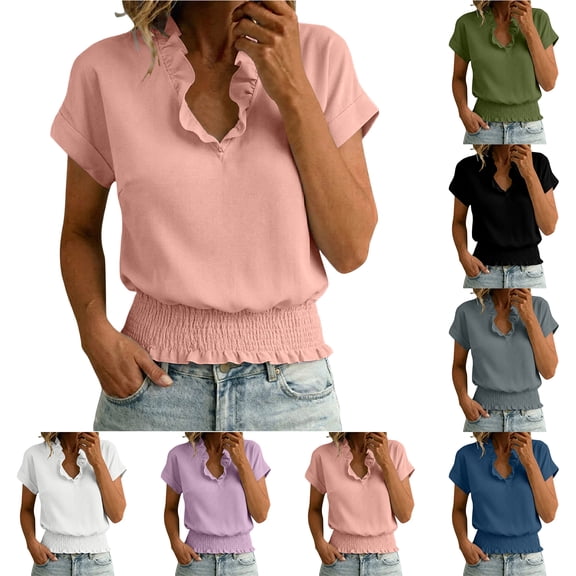 Otntypg Banded Bottom Tops for Women Smocked Tops Elastic Cinched Waist Top Dressy Blouse Roll-up Short Sleeve Casual Ruffled Trim V Neck Tunic Shirts