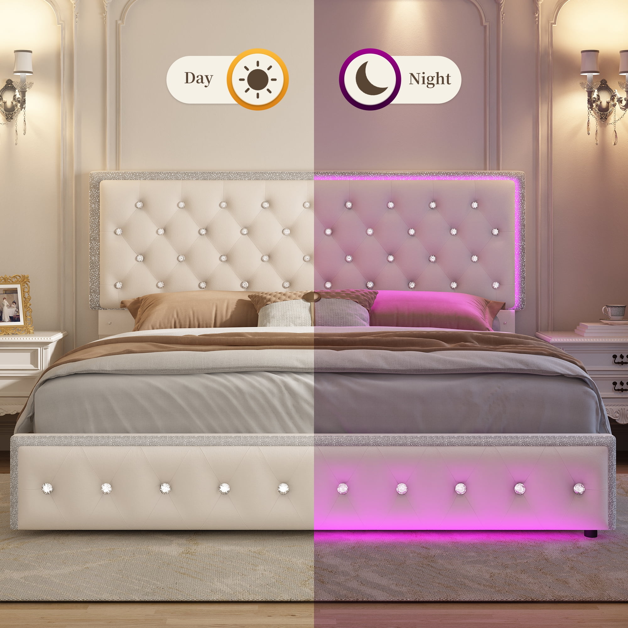 SIBEDS Full Upholstered LED Bed Frame with 2 Storage Drawers, Velvet Cream Diamond Tufted Headboard, RGB Lights, Noise Free, No Box Spring Needed