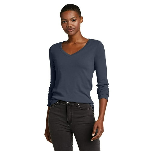 Eddie Bauer Women'S Favorite Long-Sleeve V-Neck T-Shirt Htr Indigo Large Petite