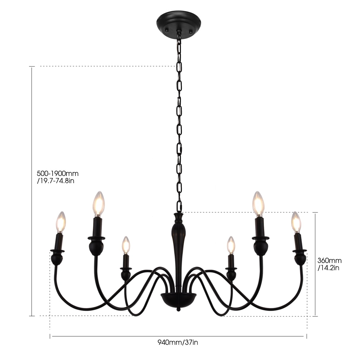 YANSUN 6-Light Matte Black Farmhouse Chandelier, Rustic Industrial Candle Chandelier for Kitchen Island, Dining Room and Bedroom