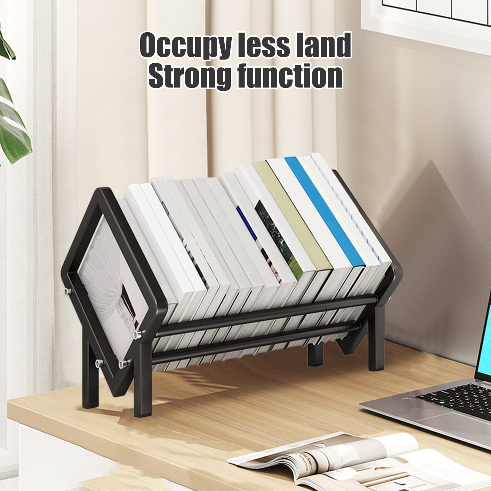 Merryso Stainless Steel Desktop Bookshelf, Black Desk Book Organizer, Small Open Shelf for Book/File/Study Supplies Storage, Rust Resistant Minimalist Desk Rack for Home Office