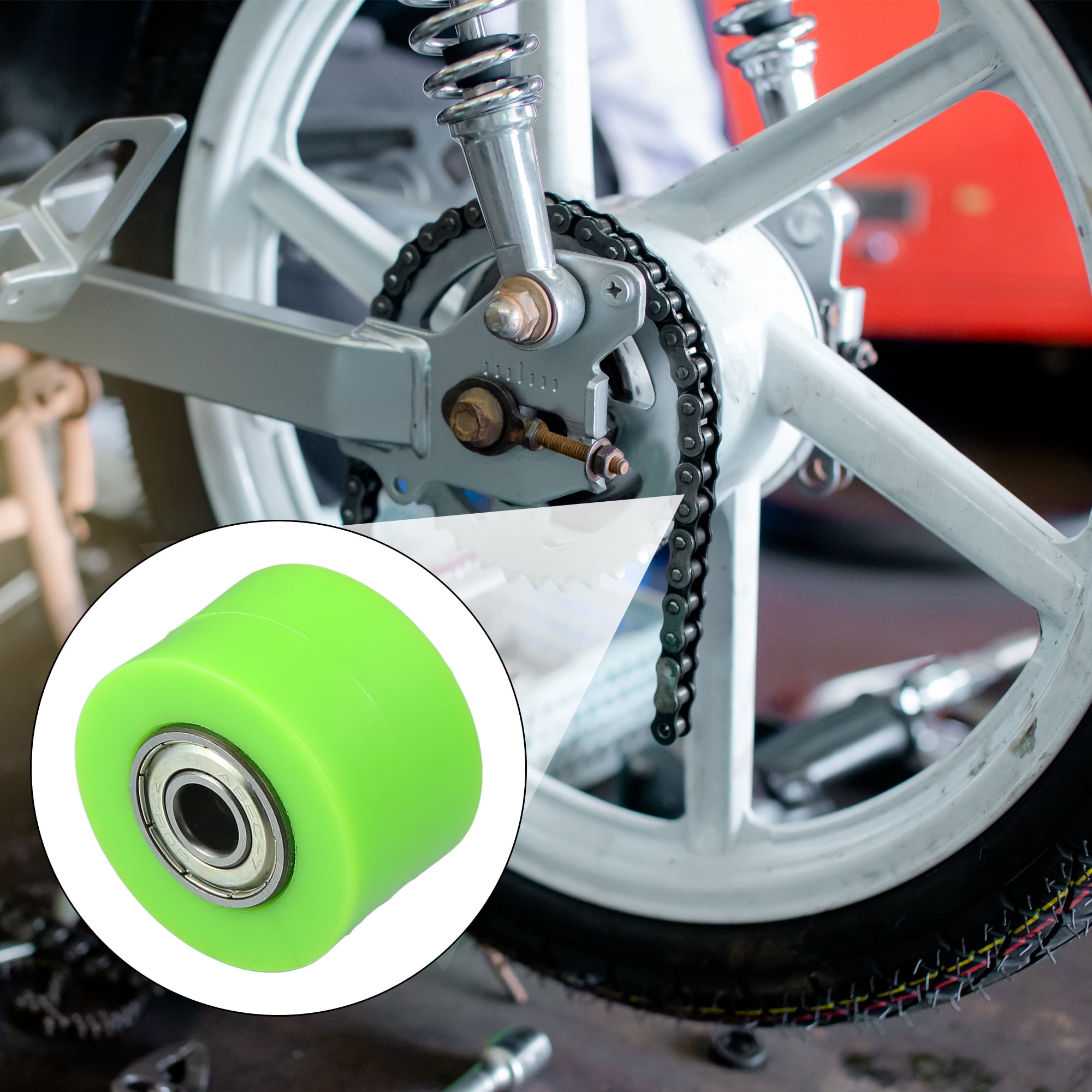 Unique Bargains 8mm Drive Chain Pulley Roller Slider Tensioner Wheel Guide Green