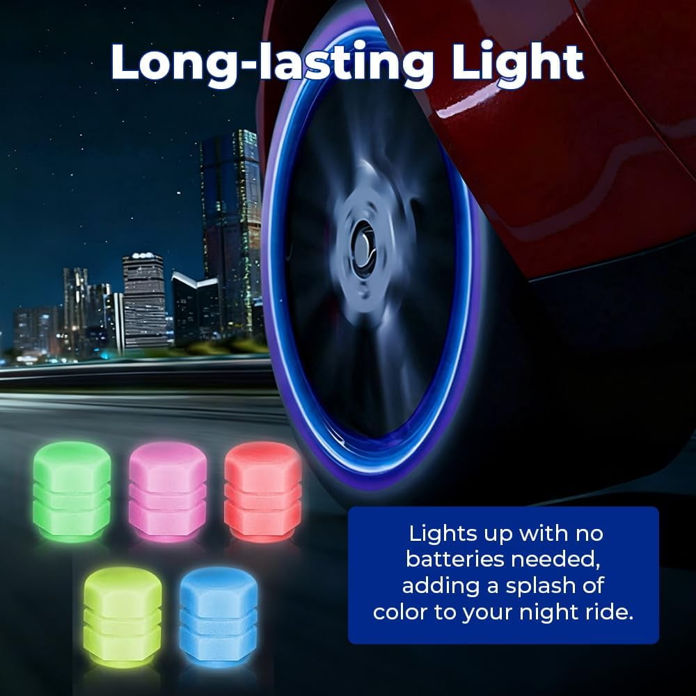 Glow in The Dark Tire Valve Caps – Fluorescent Stem Caps Universal for Car, SUV, Motorcycle, Bicycle, Truck – Night Visibility Accessories